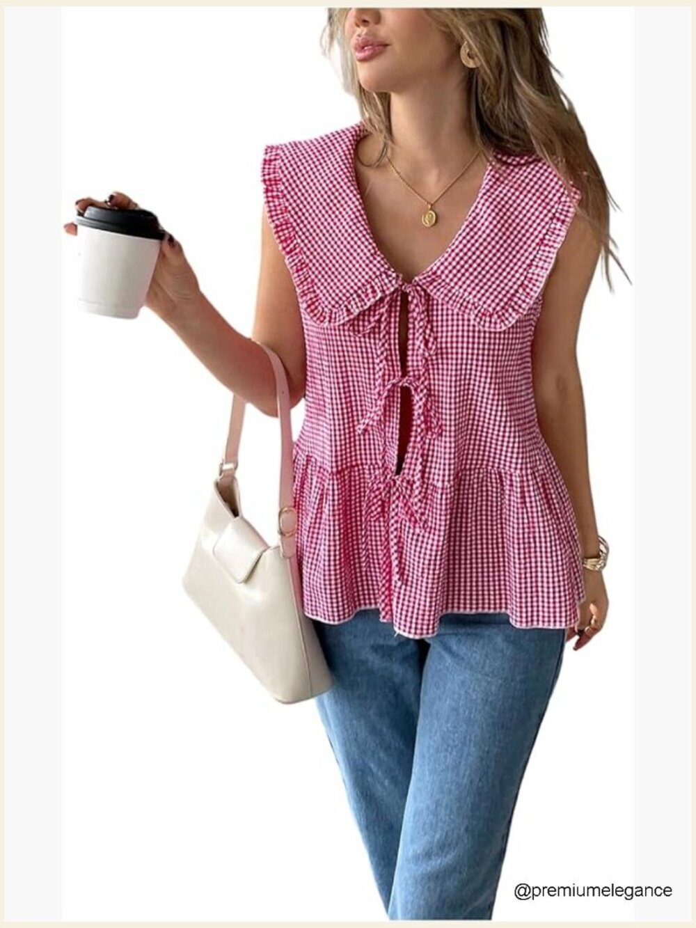 Gingham Tie Front Peplum Top Sleeveless Collared Ruffle Blouse